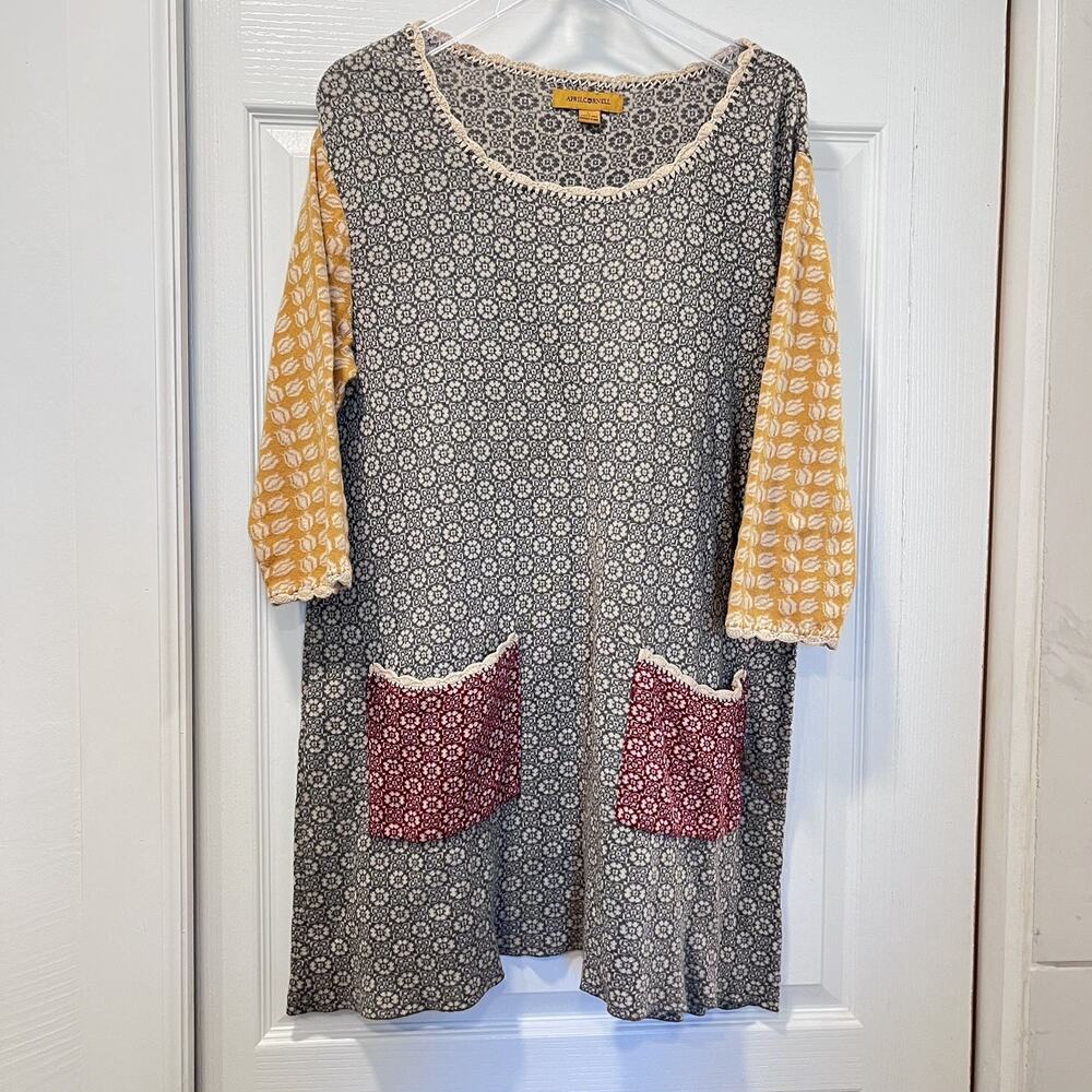 April Cornell Wms Folklore Cotton Knit Patchwork Cottagecore Sweater Dress L